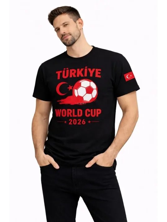 Erkek Türkiye World Cup 2026 Baskılı Tişört Futbol Temalı Forma T-shirt - Siyah