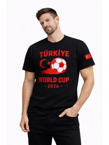 Erkek Türkiye World Cup 2026 Baskılı Tişört Futbol Temalı Forma T-shirt - Siyah