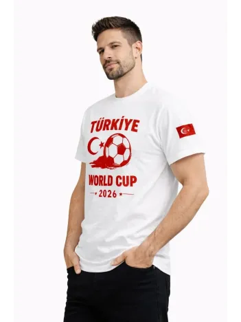 Erkek Türkiye World Cup 2026 Baskılı Tişört Futbol Temalı Forma T-shirt - Beyaz