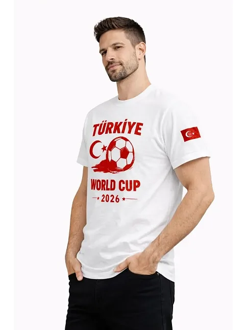 Erkek Türkiye World Cup 2026 Baskılı Tişört Futbol Temalı Forma T-shirt - Beyaz