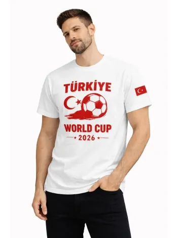 Erkek Türkiye World Cup 2026 Baskılı Tişört Futbol Temalı Forma T-shirt - Beyaz