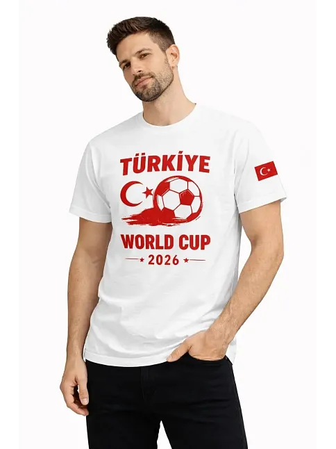 Erkek Türkiye World Cup 2026 Baskılı Tişört Futbol Temalı Forma T-shirt - Beyaz