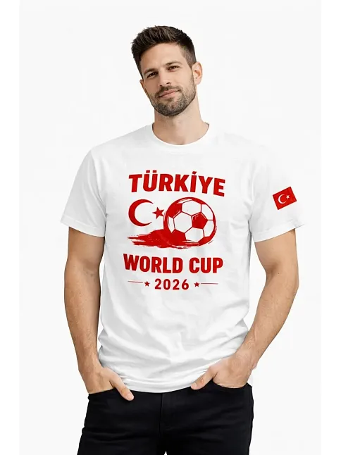 Erkek Türkiye World Cup 2026 Baskılı Tişört Futbol Temalı Forma T-shirt - Beyaz
