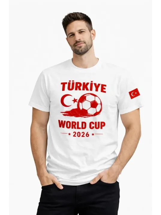 Erkek Türkiye World Cup 2026 Baskılı Tişört Futbol Temalı Forma T-shirt - Beyaz