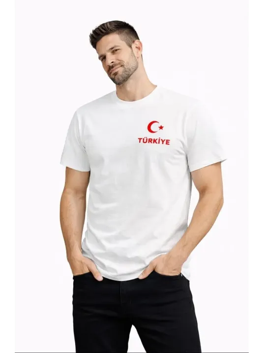 Erkek Türkiye Ay Yıldız Baskılı Taraftar Forma T-shirt - Beyaz Erkek Türkiye Ay Yıldız Baskılı Taraftar Forma T-shirt - Beyaz