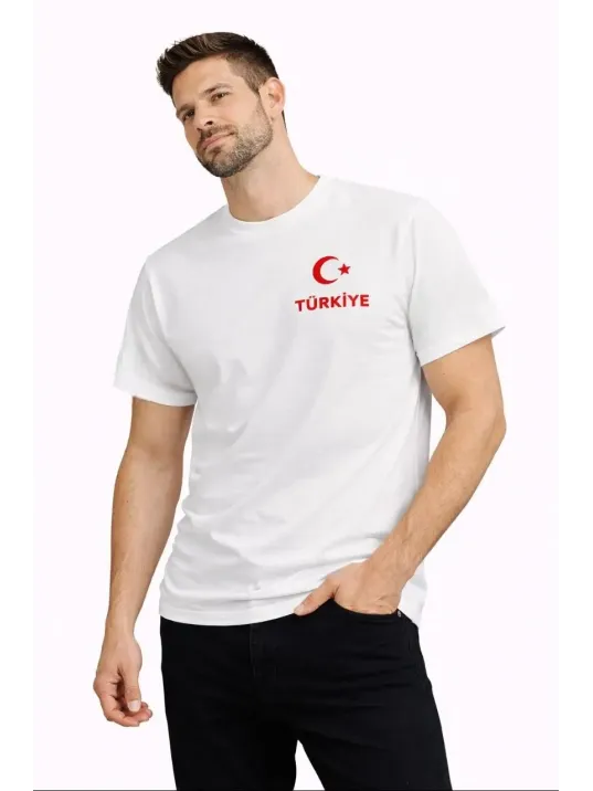 Erkek Türkiye Ay Yıldız Baskılı Taraftar Forma T-shirt - Beyaz Erkek Türkiye Ay Yıldız Baskılı Taraftar Forma T-shirt - Beyaz