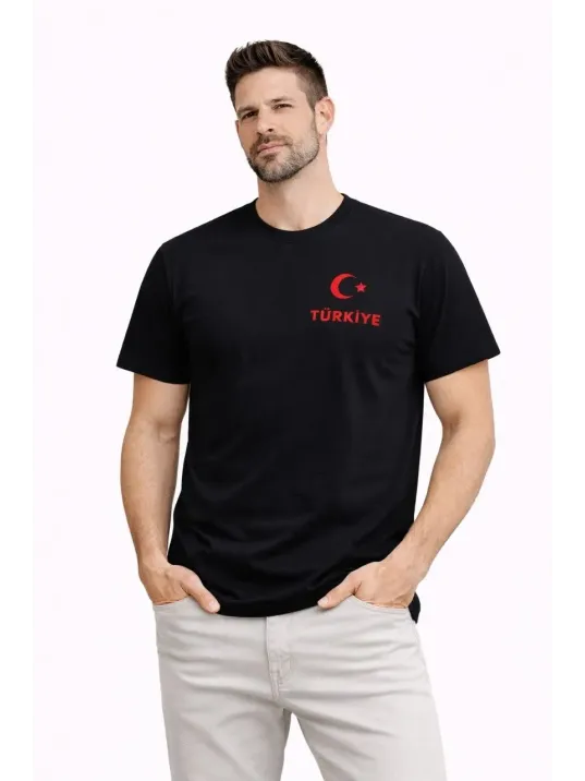 Erkek Türkiye Ay Yıldız Baskılı Taraftar Forma T-shirt - Siyah