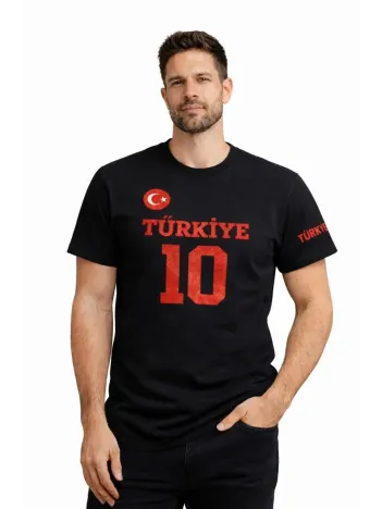 Erkek Türkiye Ay Yıldız Baskılı 10 Numara Forma Tişört Taraftar T-shirt - Siyah