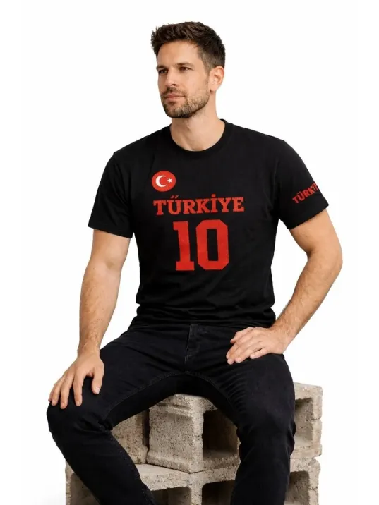 Erkek Türkiye Ay Yıldız Baskılı 10 Numara Forma Tişört Taraftar T-shirt - Siyah Erkek Türkiye Ay Yıldız Baskılı 10 Numara Forma Tişört Taraftar T-shirt - Siyah