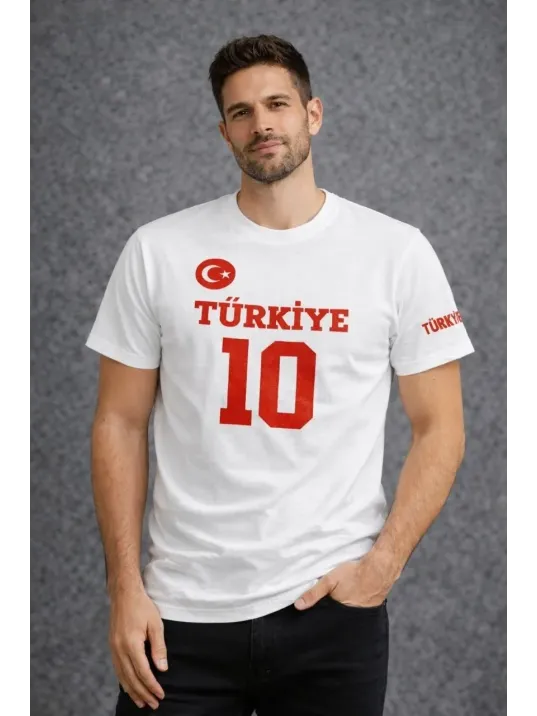 Erkek Türkiye Ay Yıldız Baskılı 10 Numara Forma Tişört Taraftar T-shirt - Beyaz