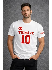 Erkek Türkiye Ay Yıldız Baskılı 10 Numara Forma Tişört Taraftar T-shirt - Beyaz