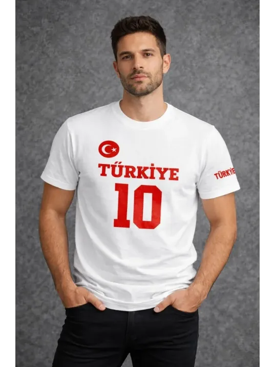 Erkek Türkiye Ay Yıldız Baskılı 10 Numara Forma Tişört Taraftar T-shirt - Beyaz