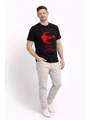 Erkek Türkiye Ay Yıldız Baskılı Taraftar Forma T-shirt - Siyah