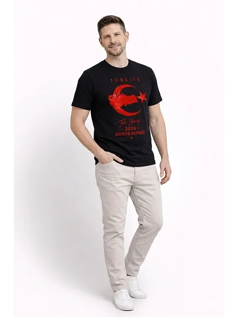 Erkek Türkiye Ay Yıldız Baskılı Taraftar Forma T-shirt - Siyah