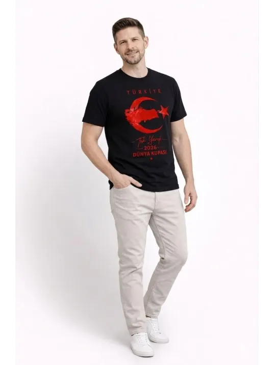 Erkek Türkiye Ay Yıldız Baskılı Taraftar Forma T-shirt - Siyah