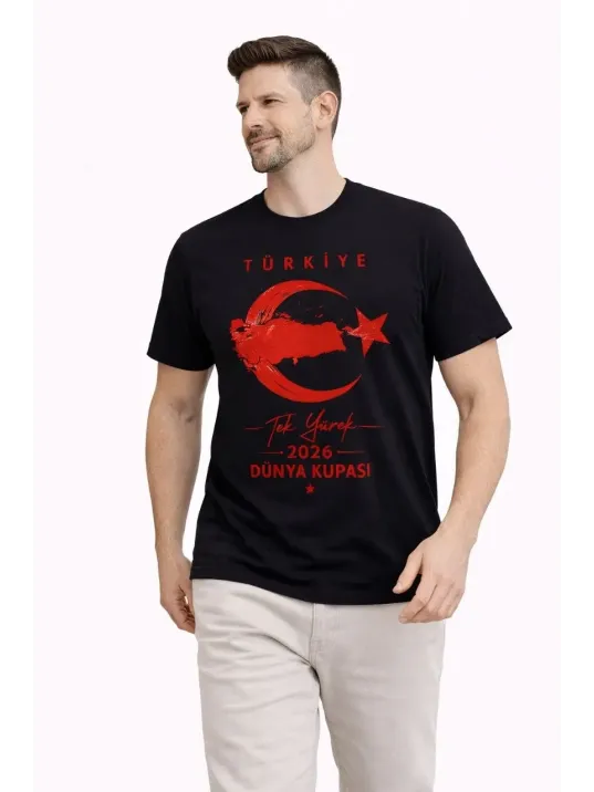 Erkek Türkiye Ay Yıldız Baskılı Taraftar Forma T-shirt - Siyah