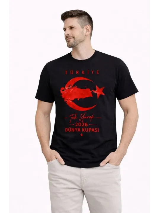 Erkek Türkiye Ay Yıldız Baskılı Taraftar Forma T-shirt - Siyah