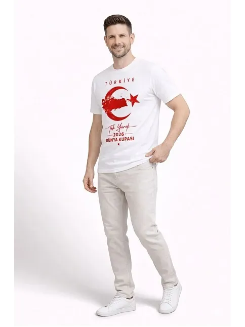 Erkek Türkiye Ay Yıldız Baskılı Taraftar Forma T-shirt - Beyaz
