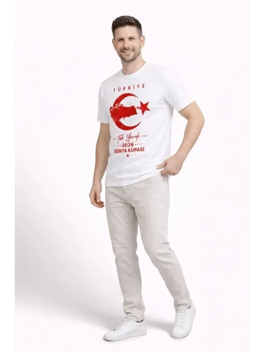 Erkek Türkiye Ay Yıldız Baskılı Taraftar Forma T-shirt - Beyaz Erkek Türkiye Ay Yıldız Baskılı Taraftar Forma T-shirt - Beyaz