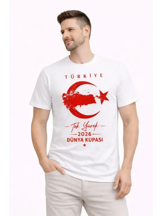 Erkek Türkiye Ay Yıldız Baskılı Taraftar Forma T-shirt - Beyaz Erkek Türkiye Ay Yıldız Baskılı Taraftar Forma T-shirt - Beyaz
