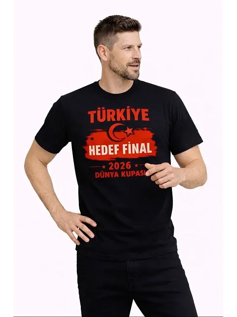 Erkek Türkiye Baskılı Tişört Ay Yıldız 2026 Dünya Kupası Taraftar Forma T-shirt - Siyah