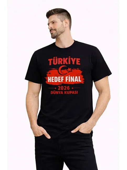 Erkek Türkiye Baskılı Tişört Ay Yıldız 2026 Dünya Kupası Taraftar Forma T-shirt - Siyah