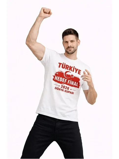 Erkek Türkiye Baskılı Tişört Ay Yıldız 2026 Dünya Kupası Taraftar Forma T-shirt - Beyaz
