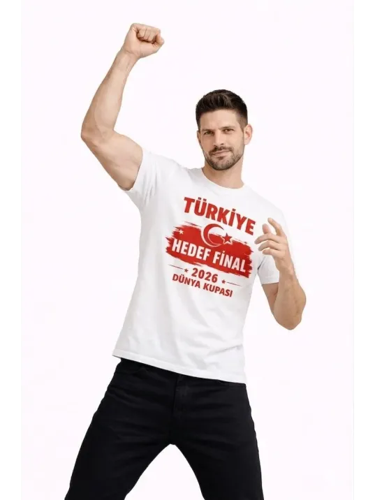 Erkek Türkiye Baskılı Tişört Ay Yıldız 2026 Dünya Kupası Taraftar Forma T-shirt - Beyaz