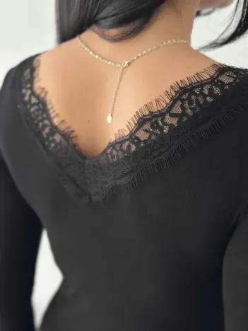 Kadın Dantel Detaylı V Yaka Arkası V Yaka Kaşmir Dokulu Uzun Kollu Bluz - Siyah