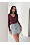 Kadın Dantel Detaylı V Yaka Arkası V Yaka Kaşmir Dokulu Uzun Kollu Bluz - Bordo Kadın Dantel Detaylı V Yaka Arkası V Yaka Kaşmir Dokulu Uzun Kollu Bluz - Bordo