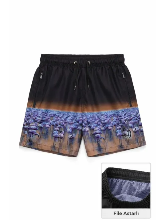 Erkek Deniz Şortu Fermuarlı Cepli File Astarlı Hızlı Kuruyan Premium - Siyah