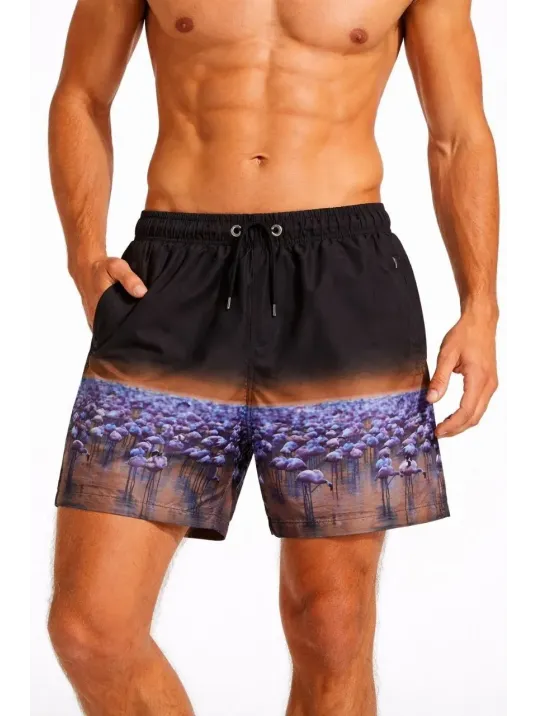 Erkek Deniz Şortu Fermuarlı Cepli File Astarlı Hızlı Kuruyan Premium - Siyah