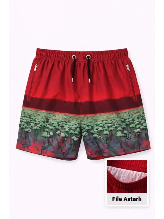 Erkek Deniz Şortu Fermuarlı Cepli File Astarlı Hızlı Kuruyan Premium - Kırmızı Erkek Deniz Şortu Fermuarlı Cepli File Astarlı Hızlı Kuruyan Premium - Kırmızı