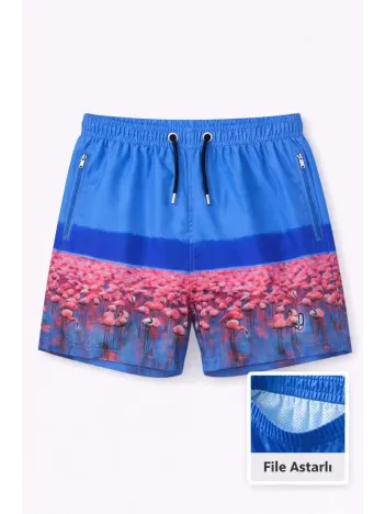 Erkek Deniz Şortu Fermuarlı Cepli File Astarlı Hızlı Kuruyan Premium - Mavi Erkek Deniz Şortu Fermuarlı Cepli File Astarlı Hızlı Kuruyan Premium - Mavi