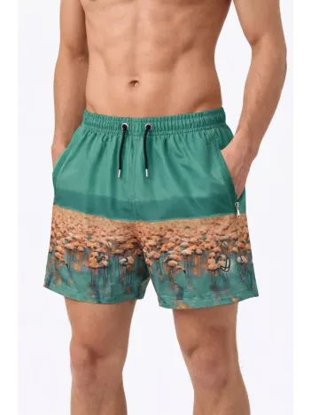 Erkek Deniz Şortu Fermuarlı Cepli File Astarlı Hızlı Kuruyan Premium - Su Yeşili