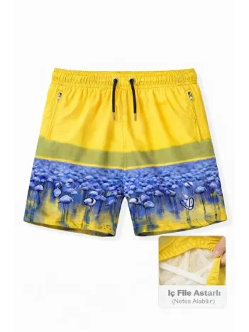Erkek Deniz Şortu Fermuarlı Cepli File Astarlı Hızlı Kuruyan Premium - Sarı Erkek Deniz Şortu Fermuarlı Cepli File Astarlı Hızlı Kuruyan Premium - Sarı