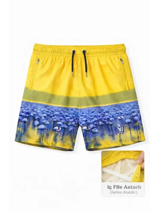 Erkek Deniz Şortu Fermuarlı Cepli File Astarlı Hızlı Kuruyan Premium - Sarı Erkek Deniz Şortu Fermuarlı Cepli File Astarlı Hızlı Kuruyan Premium - Sarı