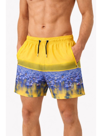 Erkek Deniz Şortu Fermuarlı Cepli File Astarlı Hızlı Kuruyan Premium - Sarı