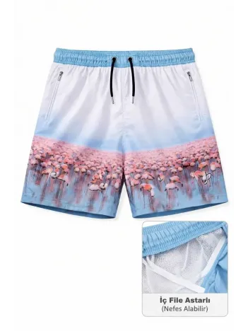 Erkek Deniz Şortu Fermuarlı Cepli File Astarlı Hızlı Kuruyan Premium - Beyaz