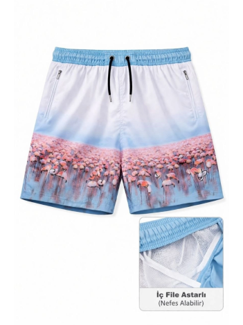 Erkek Deniz Şortu Fermuarlı Cepli File Astarlı Hızlı Kuruyan Premium - Beyaz