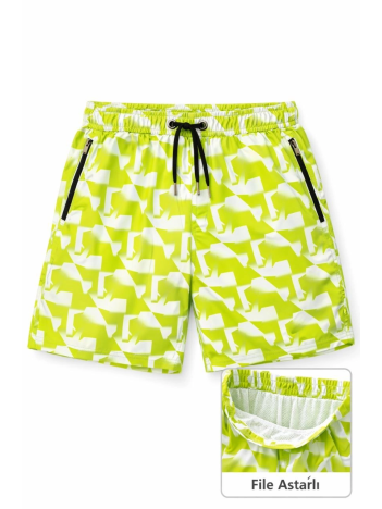 Erkek Deniz Şortu Fermuarlı Cepli File Astarlı Hızlı Kuruyan Premium - Sarı