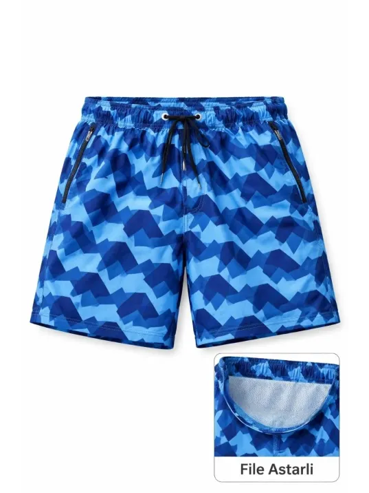 Erkek Deniz Şortu Fermuarlı Cepli File Astarlı Hızlı Kuruyan Premium - Mavi