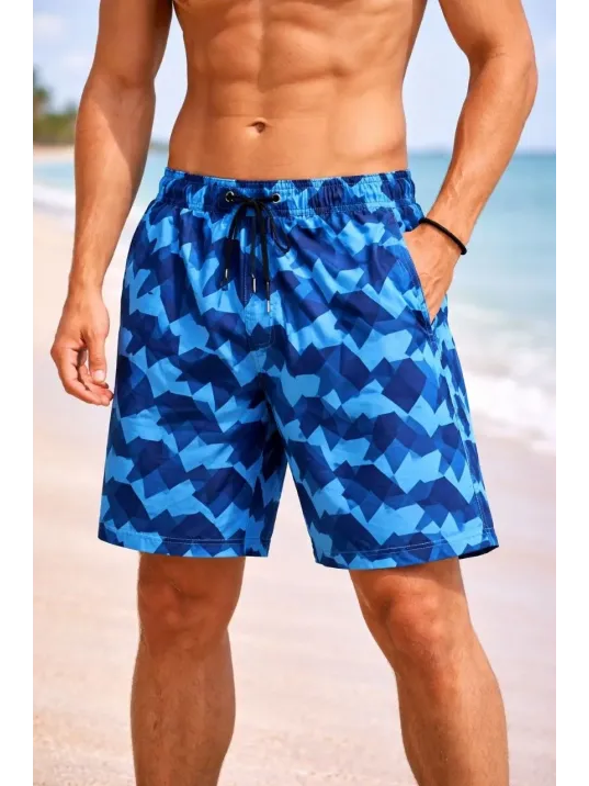 Erkek Deniz Şortu Fermuarlı Cepli File Astarlı Hızlı Kuruyan Premium - Mavi