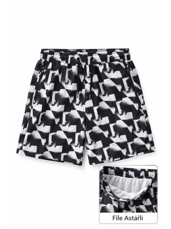 Erkek Deniz Şortu Fermuarlı Cepli File Astarlı Hızlı Kuruyan Premium - Siyah