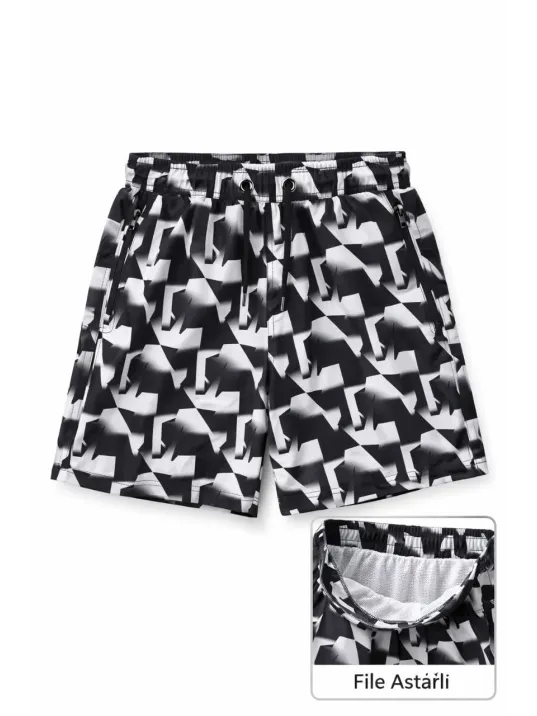 Erkek Deniz Şortu Fermuarlı Cepli File Astarlı Hızlı Kuruyan Premium - Siyah