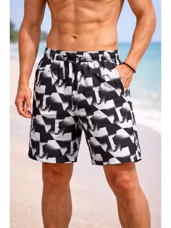 Erkek Deniz Şortu Fermuarlı Cepli File Astarlı Hızlı Kuruyan Premium - Siyah