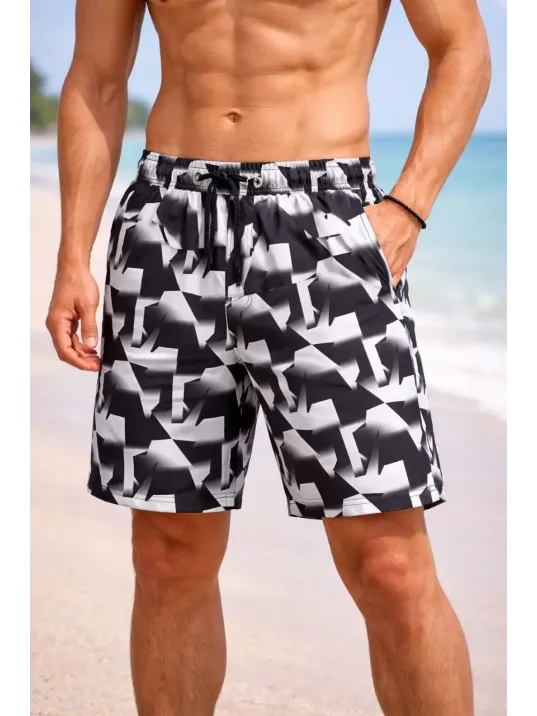 Erkek Deniz Şortu Fermuarlı Cepli File Astarlı Hızlı Kuruyan Premium - Siyah