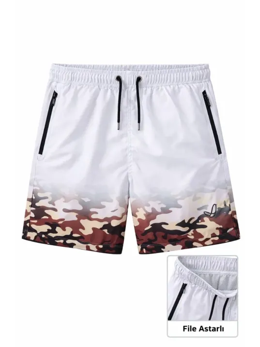 Erkek Deniz Şortu Fermuarlı Cepli File Astarlı Hızlı Kuruyan Premium - Beyaz Erkek Deniz Şortu Fermuarlı Cepli File Astarlı Hızlı Kuruyan Premium - Beyaz