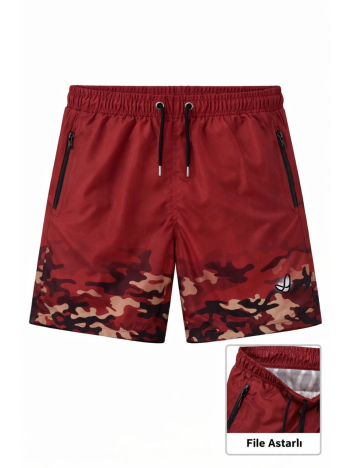 Erkek Deniz Şortu Fermuarlı Cepli File Astarlı Hızlı Kuruyan Premium - Kırmızı
