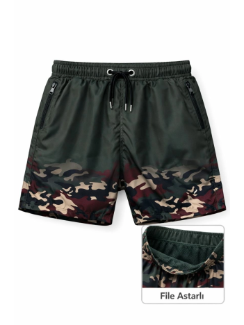 Erkek Deniz Şortu Fermuarlı Cepli File Astarlı Hızlı Kuruyan Premium - Haki